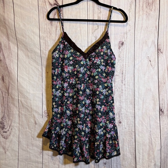 Vintage Floral Flower Patterned Spaghetti Strap Lace Detail Slip Dress Medium - Picture 1 of 6
